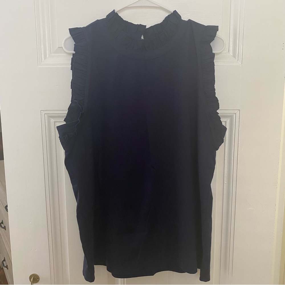 banana republic navy blue ruffle neck tank